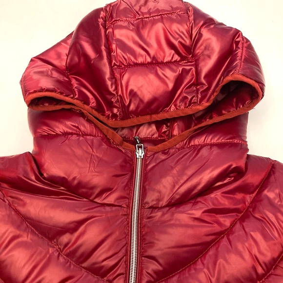 Calvin Klein Puffer Down Jacket Hooded Red Womens 1X Plus Shiny Zip Pockets - Picture 3 of 10